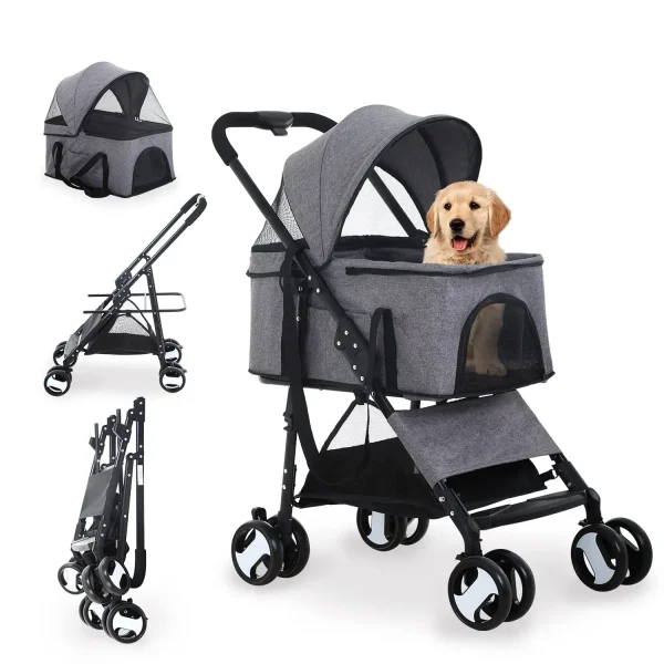 Foldable stroller for small and medium pets 3 in 1. With 4 wheels and detachable storage basket